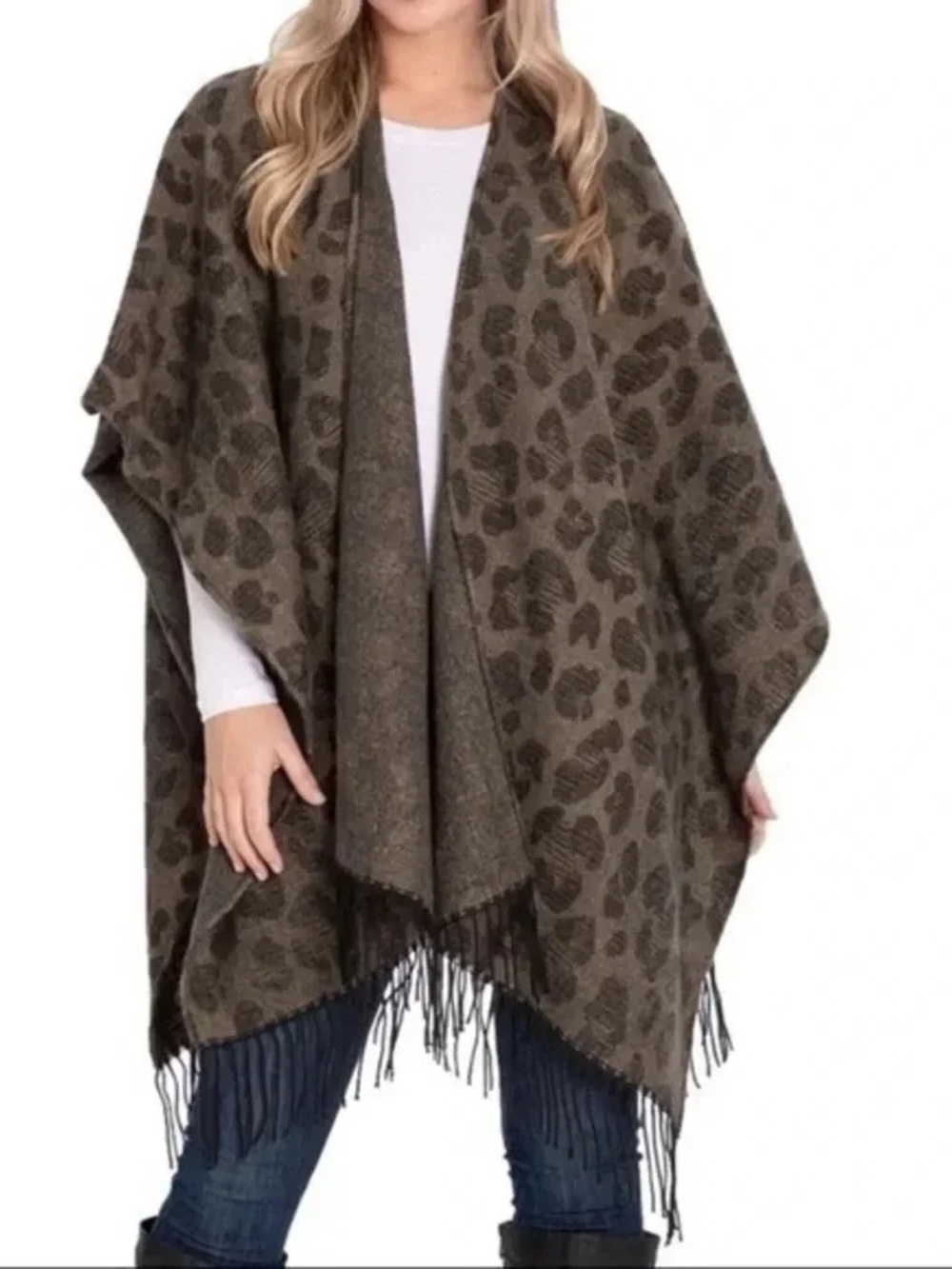 Woolrich Olive Leopard Print Fringe Ruana Wrap - Women’s Jacket